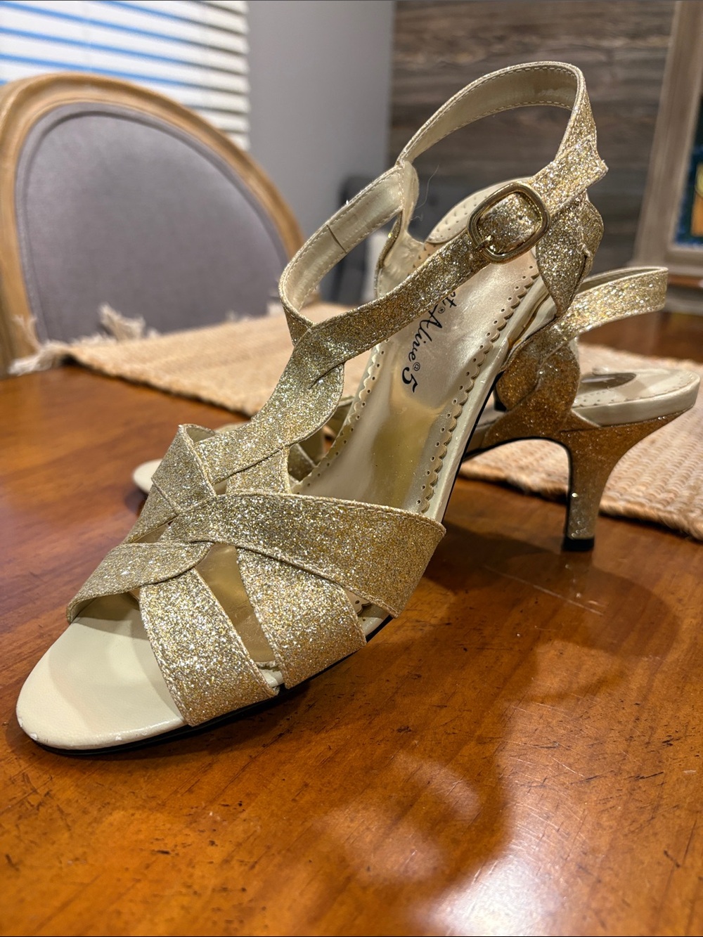 Easy Streets Sparkling Gold T-Strap Heeled Sandals for Ballroom Dance/Salsa